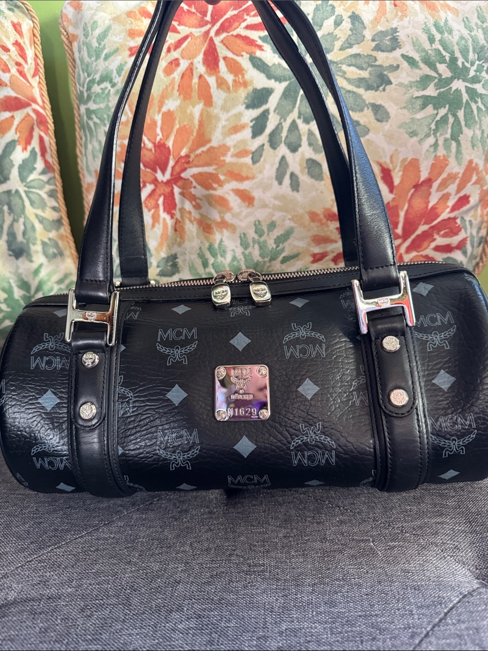 MCM Black Logo BarrelShoulder Bag with Silver Hardware